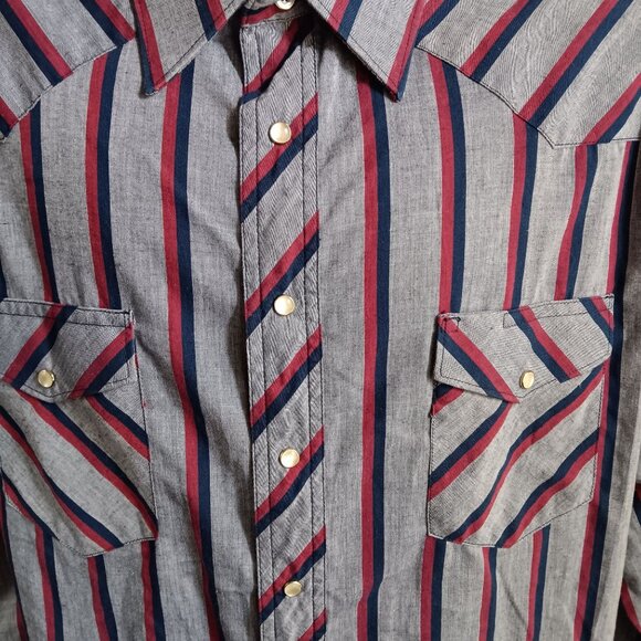 XXL Vintage Wrangler Mens Western Shirt Striped Tall 18x36 Tall Blue/Red/Gray - Picture 3 of 5
